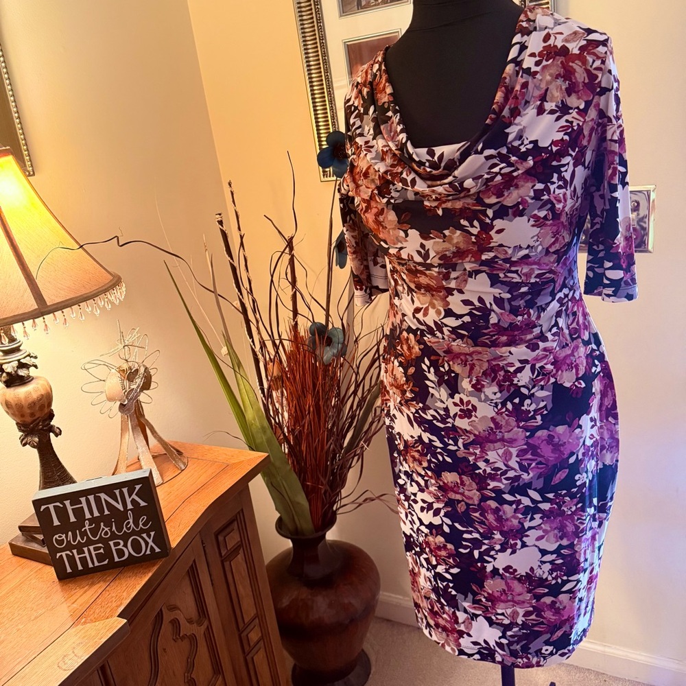 Floral Cowl-Neck Midi Dress in Purple and Pink